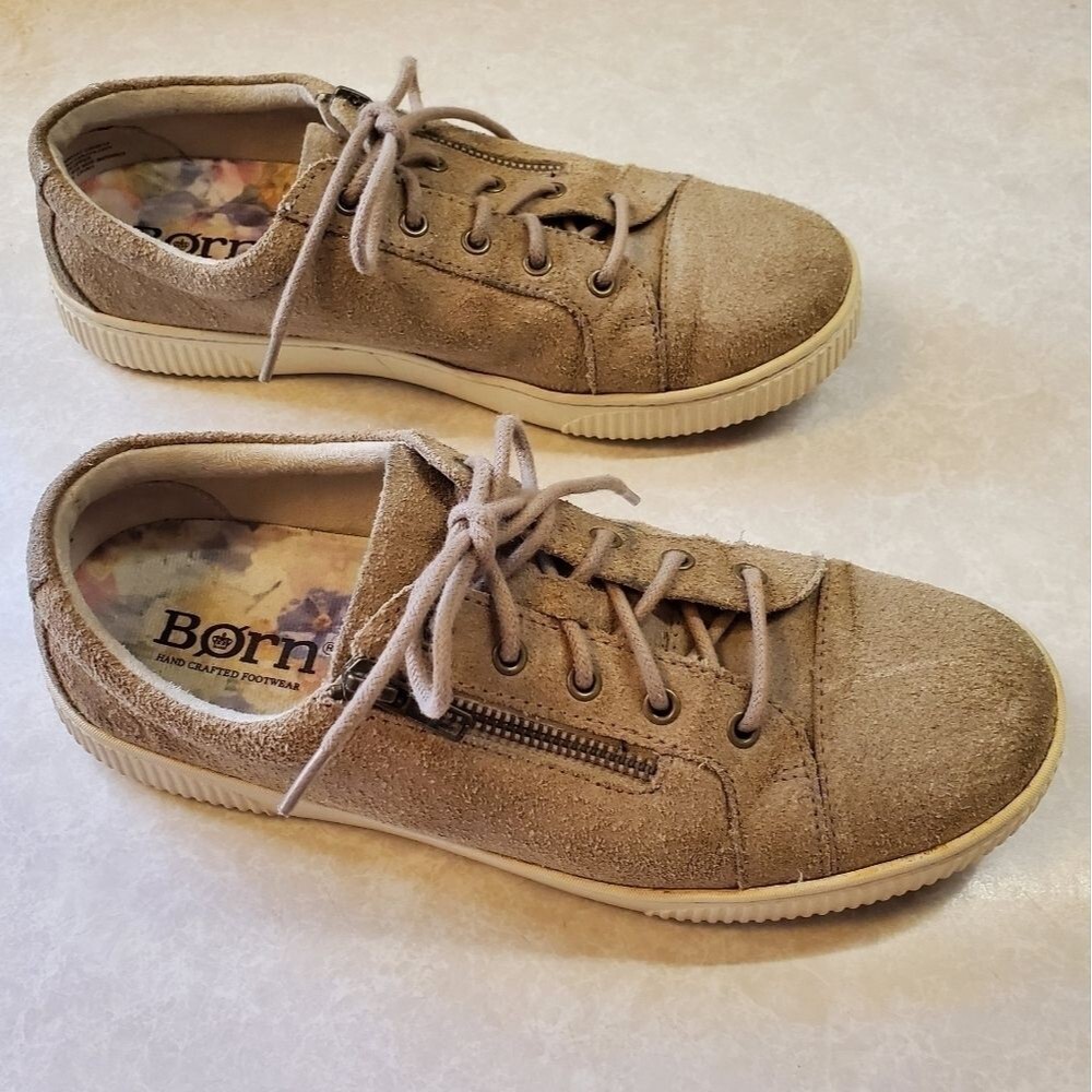 Born Women's Sz 9M Paloma Nubuck Zip Lace-Up Sneakers Taupe Distress